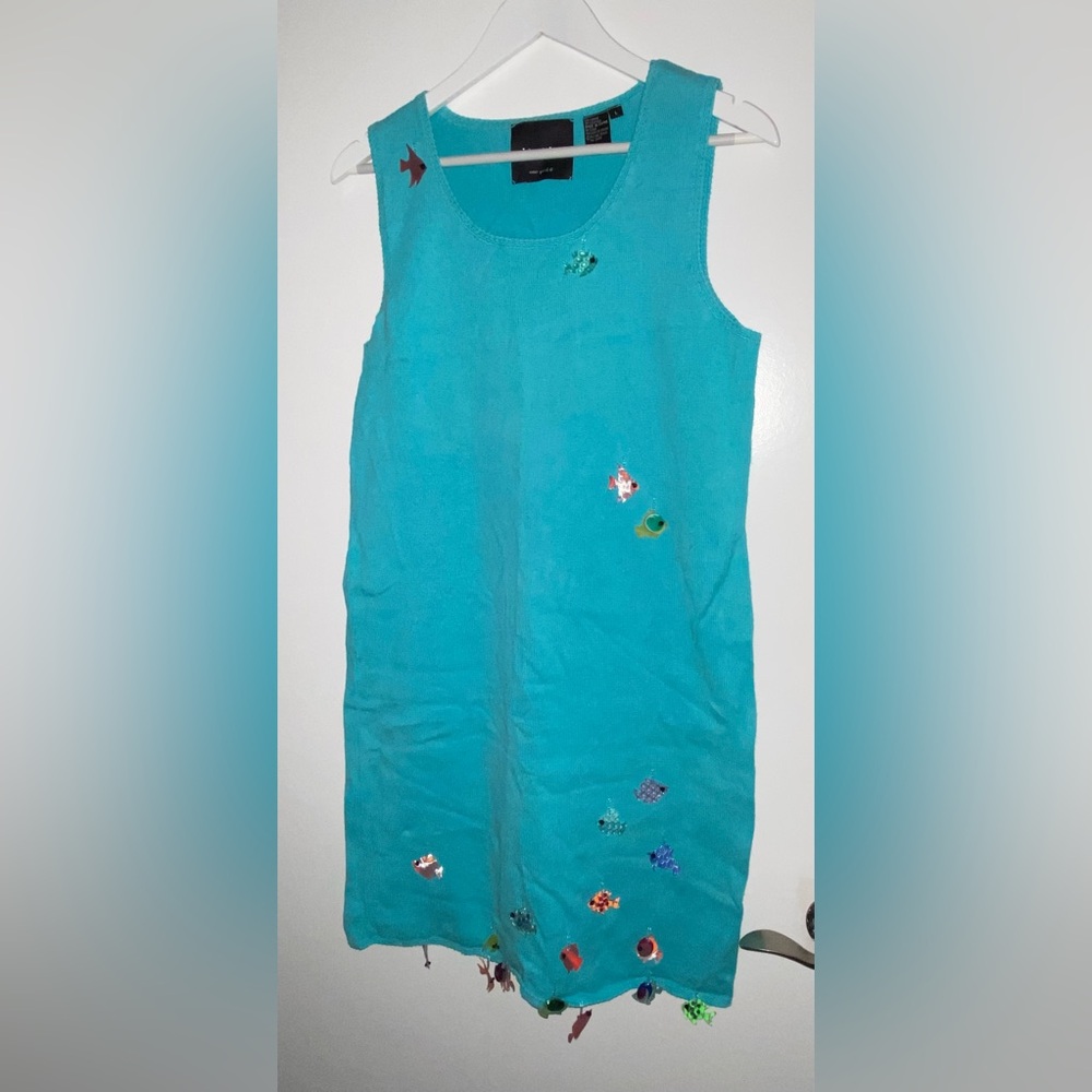 Michael Simon Vintage Aqua Knit Maxi Dress Dangling Fish Motif Size L Large